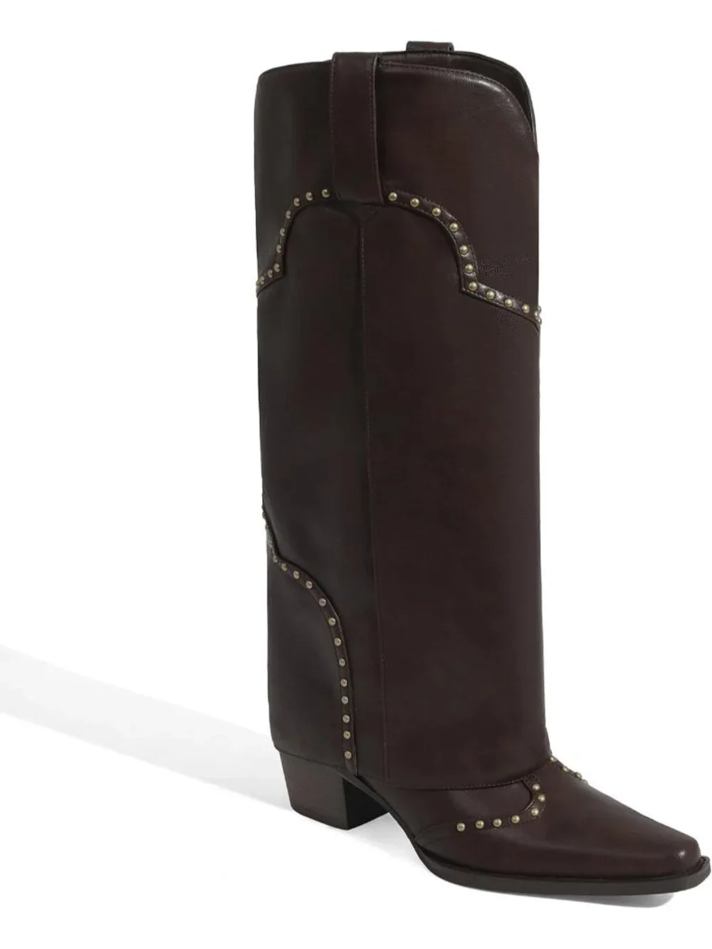 Women's Chocolate Polyurethane (PU) Studded Fold Over Knee High Chunky Heel Boot